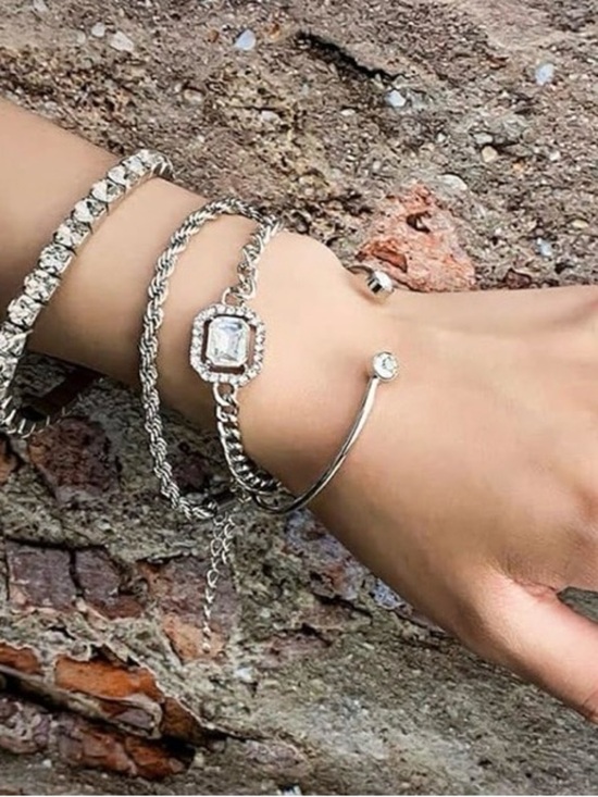Jewelry - Crystal Accented Silver Bracelet Stack - Women's Layered Set